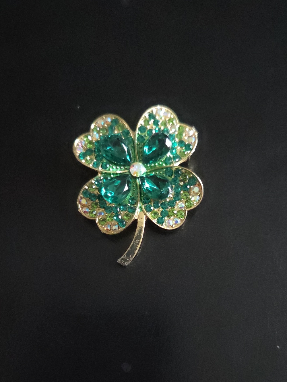 Green Crystal Four-Leaf Clover Brooch - Gold Tone
